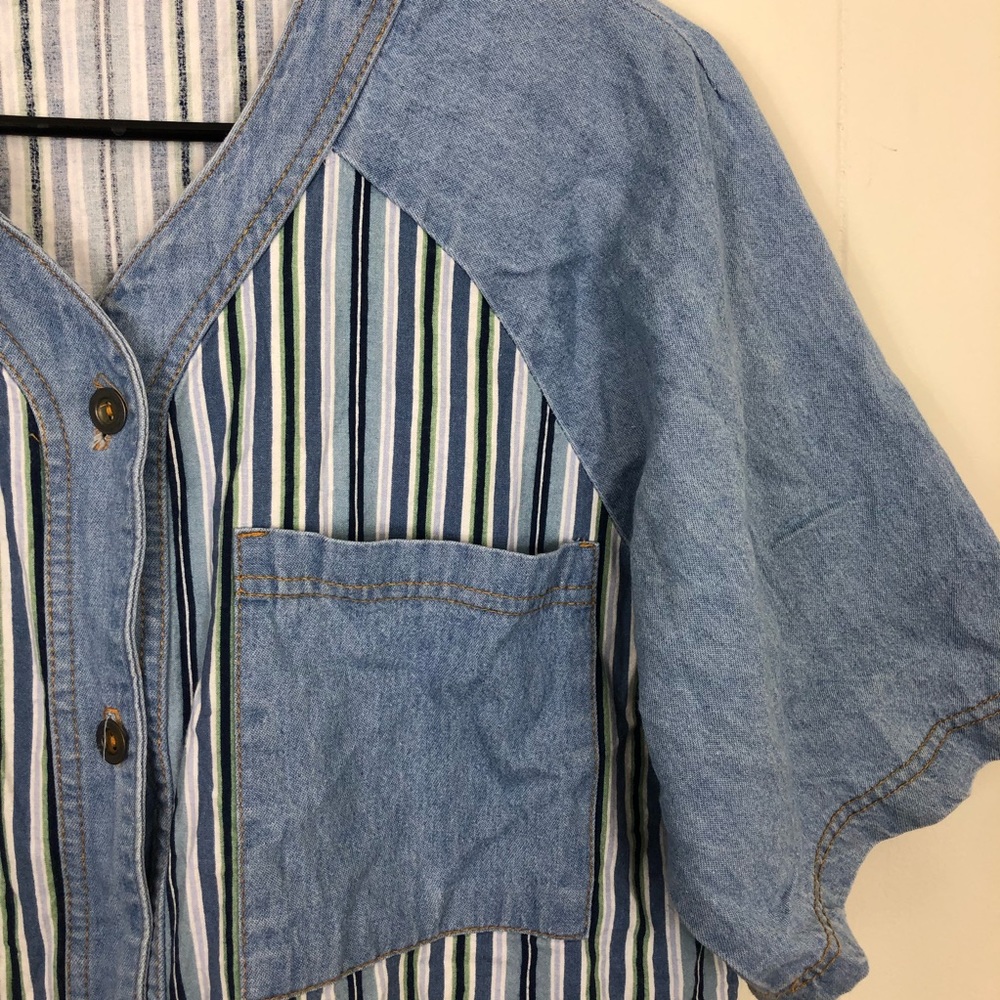 Vintage Striped Short Sleeve Denim Button Down Sz L - Picture 5 of 12